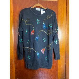 VINTAGE 80s Black Beaded Embroidered Sweater Medium